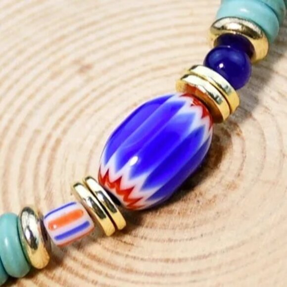 Turquoise Bead Red Blue Glass Trade Bead Gold Tone Layering Necklace 17 Inch - Picture 2 of 3